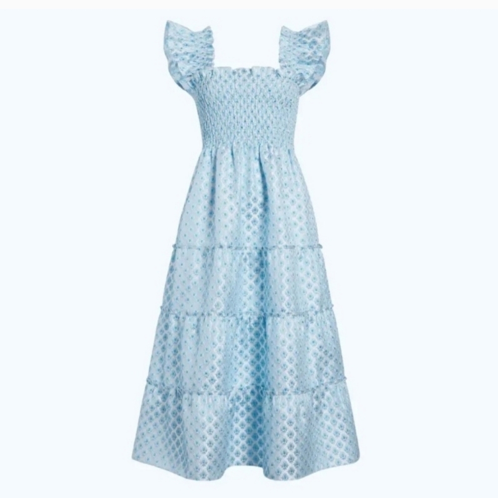 HILL HOUSE The Ellie Nap Dress Snowflake Blue White Brocade Limited Edition SZ M